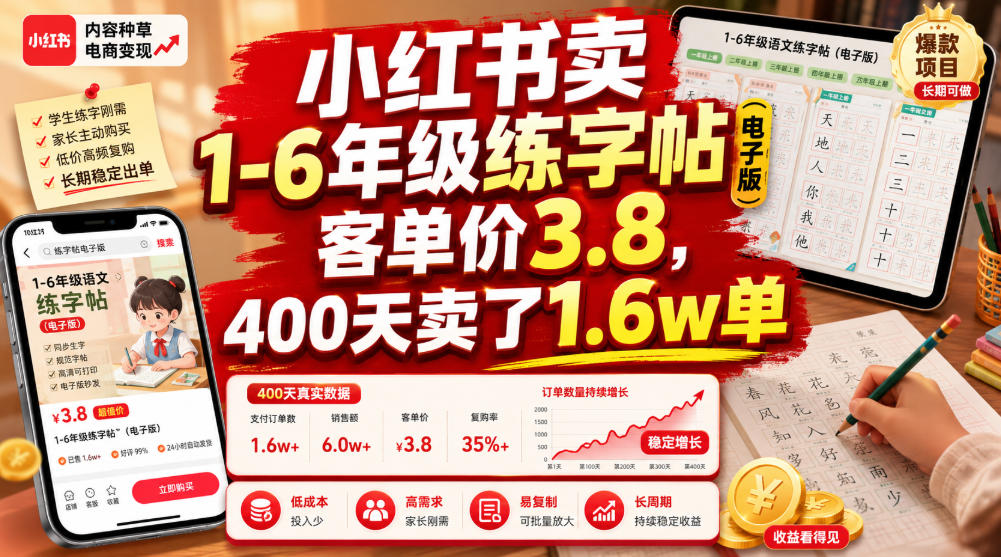 小红书卖1-6年级练字帖(电子版)，客单价3.8，400天卖了1.6w单-大川资源分享站