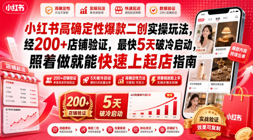 小红书高确定性爆款二创实操玩法，经200+店铺验证，最快5天破冷启动，照着做就能快速上起店指南-大川资源分享站