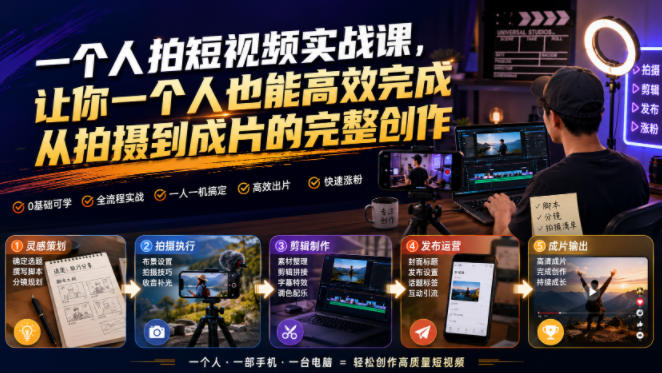 一个人拍短视频实战课，让你一个人也能高效完成从拍摄到成片的完整创作-大川资源分享站