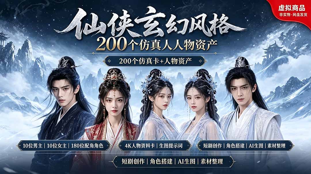 200个仙侠玄幻仿真人素材◆10男主×10女主×180配角，4K资料卡+AI生图提示词，漫剧必备-大川资源分享站