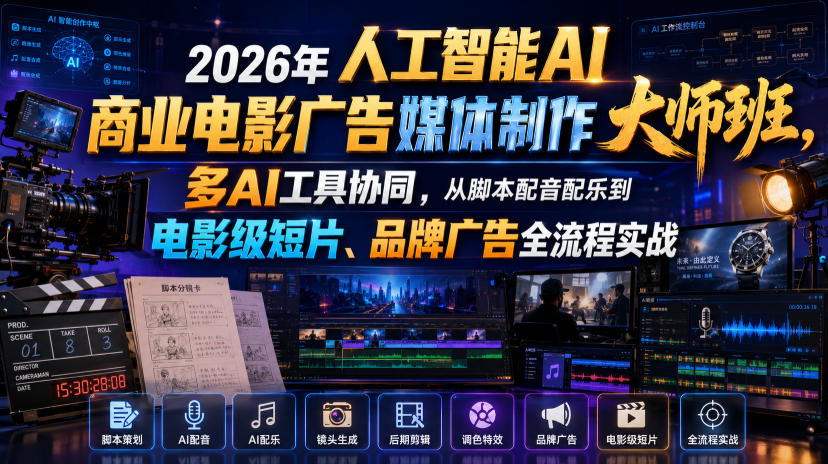 2026年人工智能AI商业电影广告媒体制作大师班，多AI工具协同，从脚本配音配乐到电影级短片、品牌广告全流程实战(中英字幕)-大川资源分享站