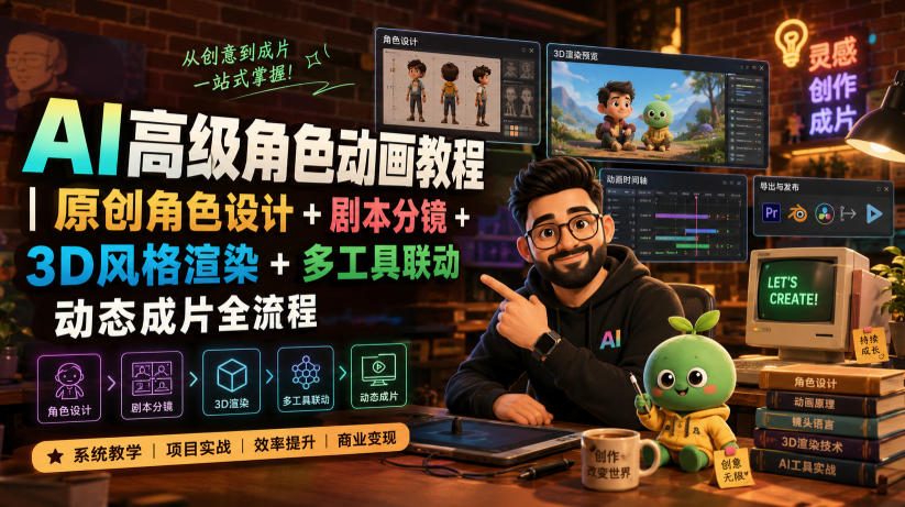 AI高级角色动画教程｜原创角色设计+剧本分镜+3D风格渲染+多工具联动动态成片全流程【中英字幕】-大川资源分享站