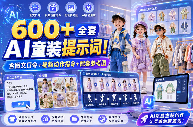 600+全套AI童装提示词！含图文口令+视频动作指令+配套参考图，Word-Excel规整分类，童装电商、种草无脑量产内容！-大川资源分享站