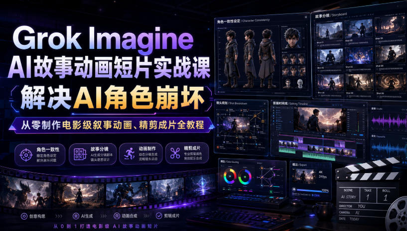 Grok Imagine AI故事动画短片实战课｜解决AI角色崩坏，从零制作电影级叙事动画、精剪成片全教程(中英字幕)-大川资源分享站