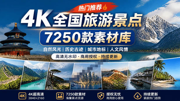 热门全国旅游风景素材！4K全国旅游景点素材库，7250款素材，旅行达人城市航拍风景风光高清短视频-大川资源分享站