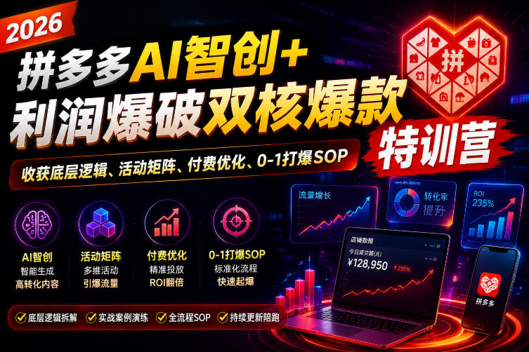 2026拼多多AI智创+利润爆破双核爆款特训营，收获底层逻辑、活动矩阵、付费优化、0-1打爆SOP-大川资源分享站
