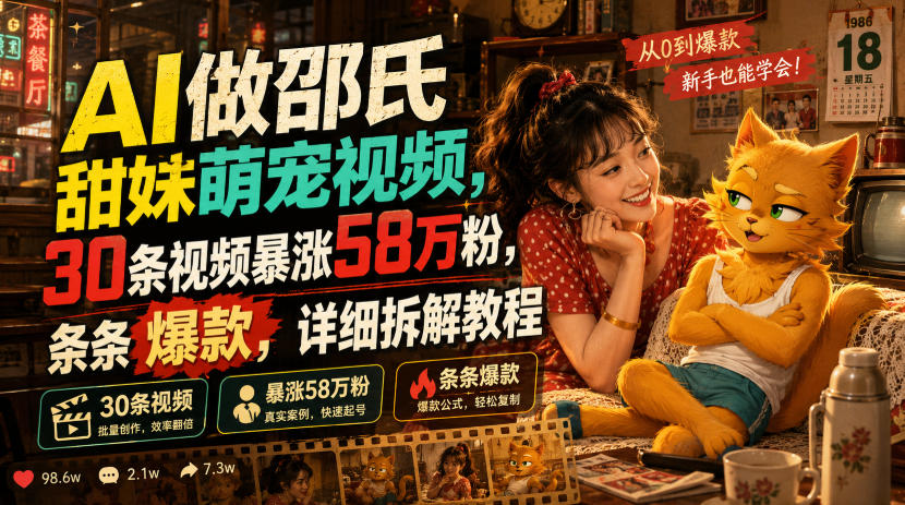 AI做邵氏甜妹萌宠视频，30条视频暴涨58万粉，条条爆款，详细拆解教程-大川资源分享站