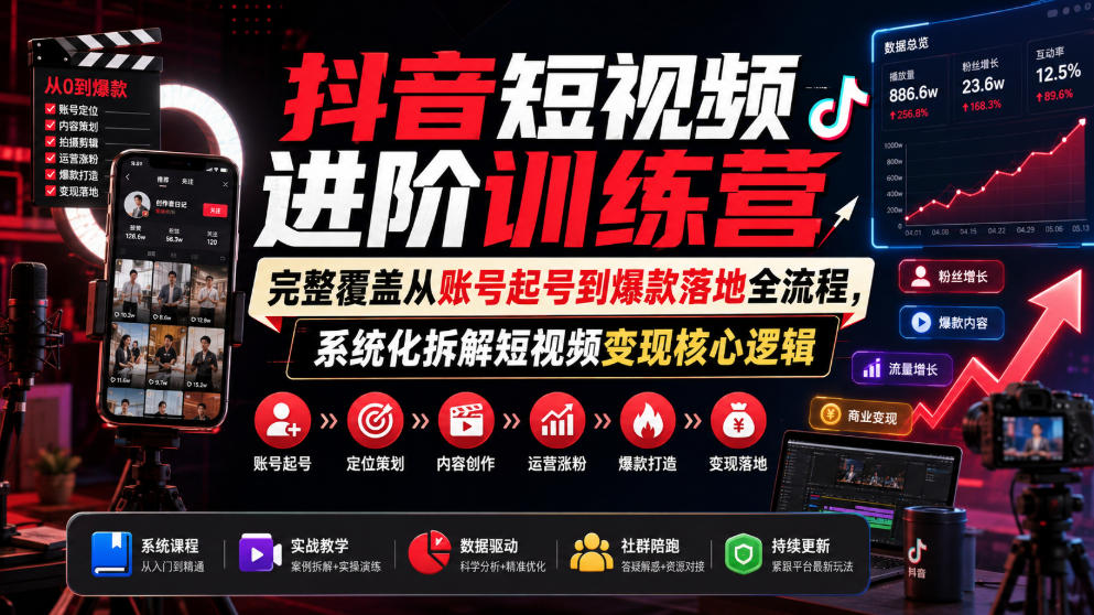 抖音短视频进阶训练营，完整覆盖从账号起号到爆款落地全流程，系统化拆解短视频变现核心逻辑-大川资源分享站