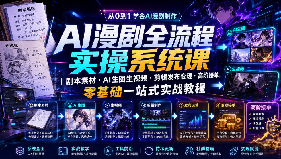 AI漫剧全流程实操系统课|剧本素材・AI生图生视频・剪辑发布变现・高阶接单,零基础一站式实战教程-大川资源分享站