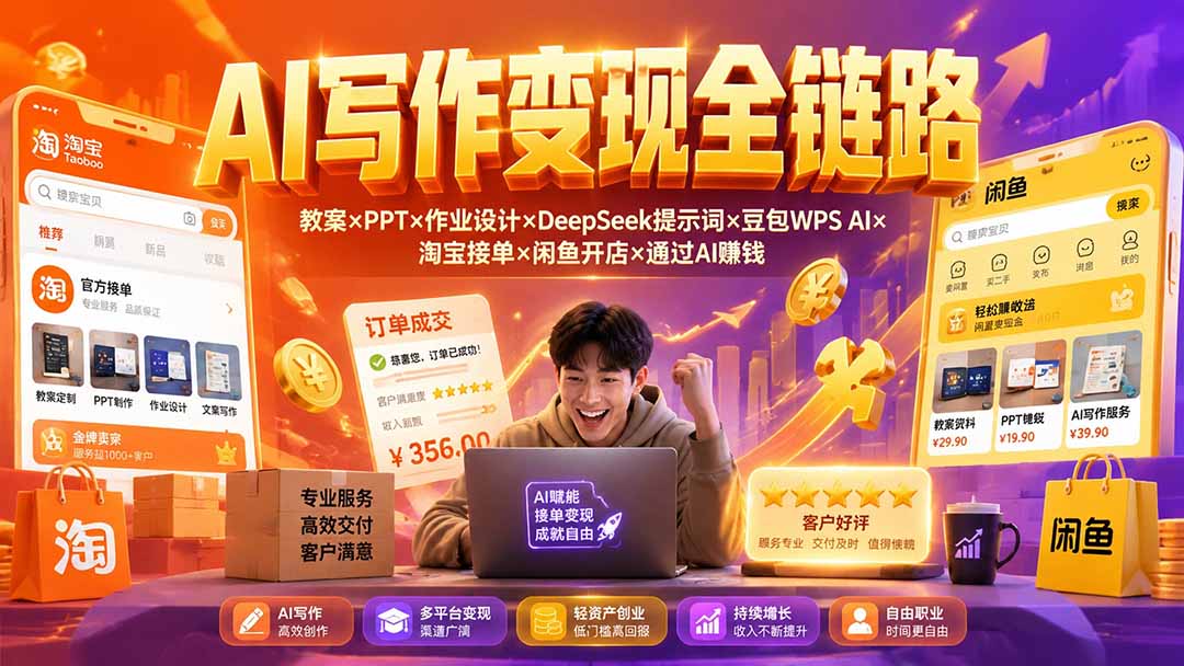 2026AI写作变现全链路:教案×PPT×作业设计×DeepSeek提示词×豆包WPS AI×淘宝接单×闲鱼开店×通过AI賺钱-大川资源分享站