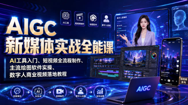 AIGC新媒体实战全能课｜AI工具入门、短视频全流程制作、主流绘图软件实操、数字人商业视频落地教程-大川资源分享站