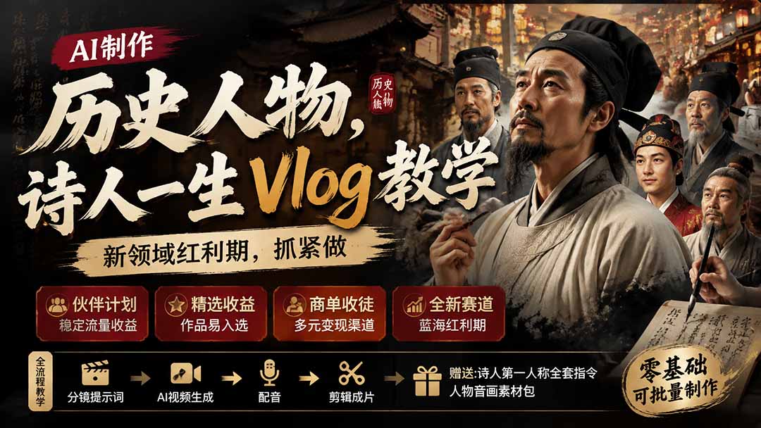 历史人物，诗人一生Vlog教学， AI制作丨伙伴计划丨精选收益丨商单收徒 ，新领域红利期，抓紧做-大川资源分享站