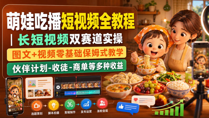 萌娃吃播短视频全教程｜长短视频双赛道实操，图文+视频零基础保姆式教学，伙伴计划-收徒-商单等多种变现方式-大川资源分享站