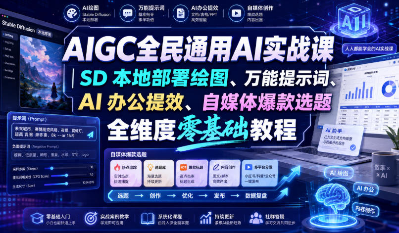 AIGC全民通用AI实战课｜SD本地部署绘图、万能提示词、AI办公提效、自媒体爆款选题全维度零基础教程-大川资源分享站