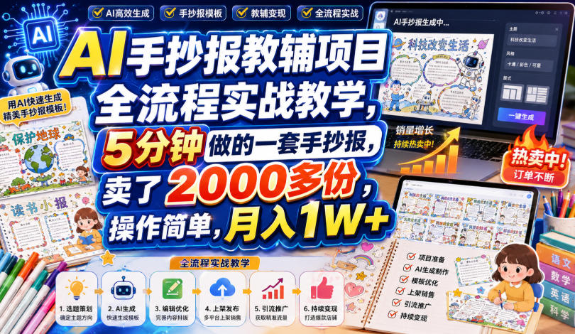 AI手抄报教辅项目全流程实战教学，5分钟做的一套手抄报，卖了2000多份，操作简单，月入1W+-大川资源分享站