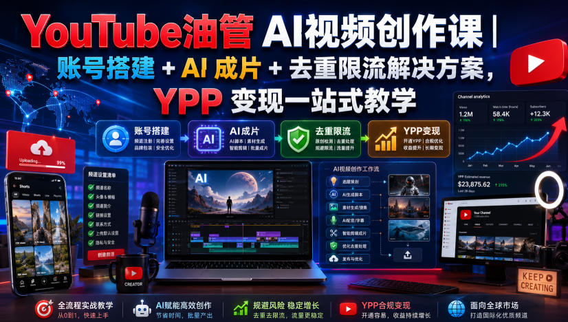 YouTube油管AI视频创作课｜账号搭建+AI成片+去重限流解决方案，YPP变现一站式教学(更新0809)-大川资源分享站