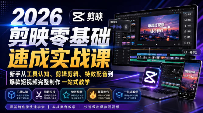 2026剪映零基础速成实战课｜新手从工具认知、剪辑剪辑、特效配音到爆款短视频完整制作一站式教学-大川资源分享站