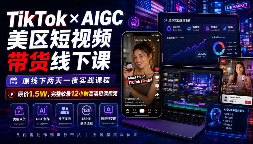 TikTok×AIGC美区短视频带货线下课，原线下两天一夜实战课程，原价1.5W，完整收录12小时高清授课视频-大川资源分享站