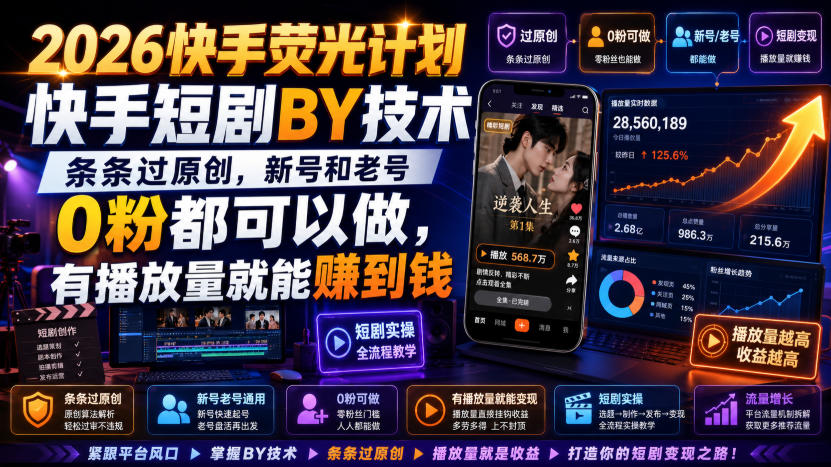 2026快手荧光计划，快手短剧搬运技术，条条过原创，新号和老号0粉都可以做，有播放量就能賺到钱-大川资源分享站