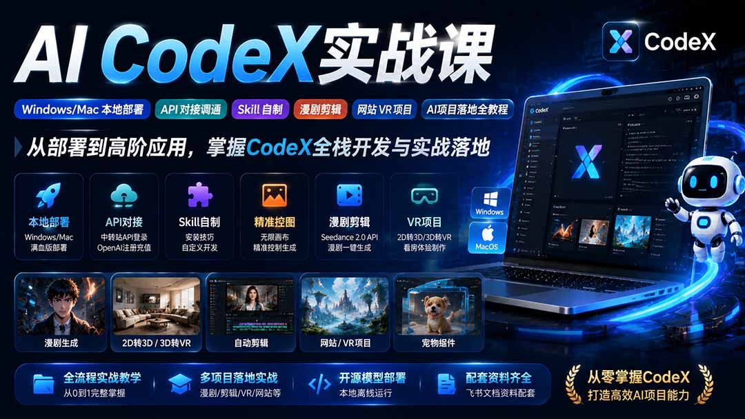 AI  CodeX实战课｜Windows/Mac 本地部署｜API 对接调通｜Skill 自制｜漫剧剪辑｜网站 VR 项目｜AI项目落地全教程-大川资源分享站