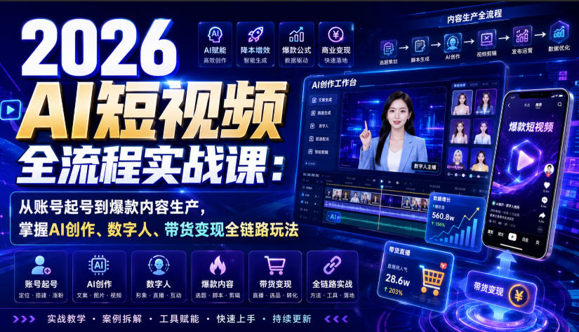 2026 AI短视频全流程实战课：从账号起号到爆款内容生产，掌握AI创作、数字人、带货变现全链路玩法-大川资源分享站