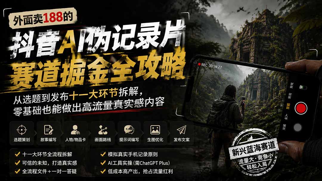 外面卖188的抖音AI伪记录片赛道掘金全攻略；从选题到发布十一大环节拆解，零基础也能做出高流量真实感内容-大川资源分享站