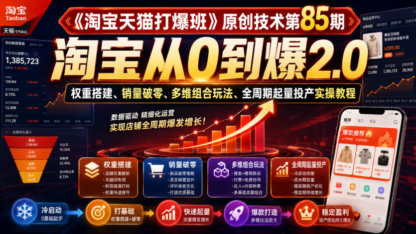 《淘宝天猫打爆班》原创技术第85期，淘宝从0到爆2.0，权重搭建、销量破零、多维组合玩法、全周期起量投产实操教程-大川资源分享站