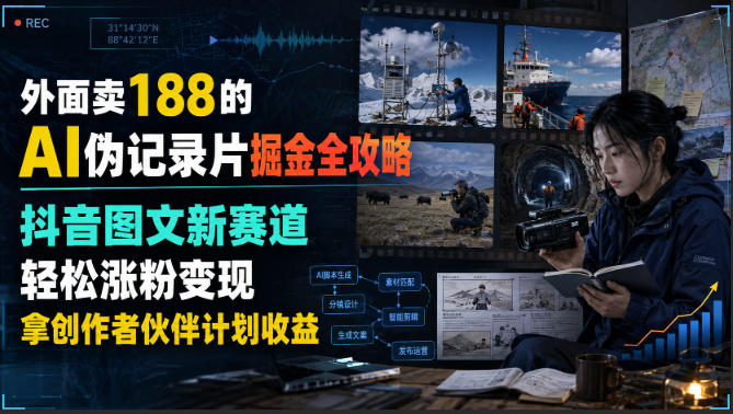 外面卖188的AI伪记录片掘金全攻略，抖音图文新赛道，轻松涨粉变现，拿创作者伙伴计划收益【文档】-大川资源分享站