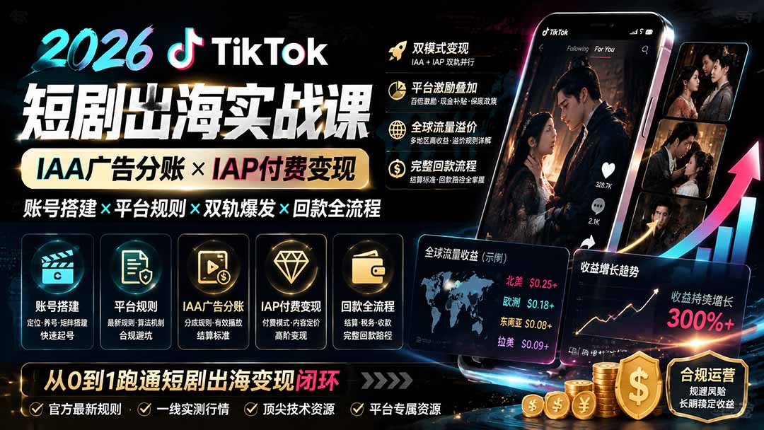 2026TikTok短剧出海实战课：IAA广告分账×IAP付费变现×账号搭建×平台规则×双轨爆发×回款全流程-大川资源分享站