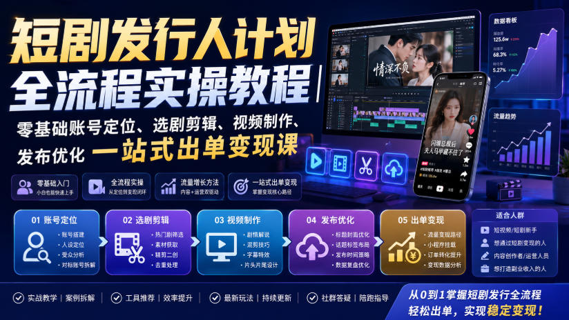短剧发行人计划全流程实操教程｜零基础账号定位、选剧剪辑、视频制作、发布优化一站式出单变现课​-大川资源分享站
