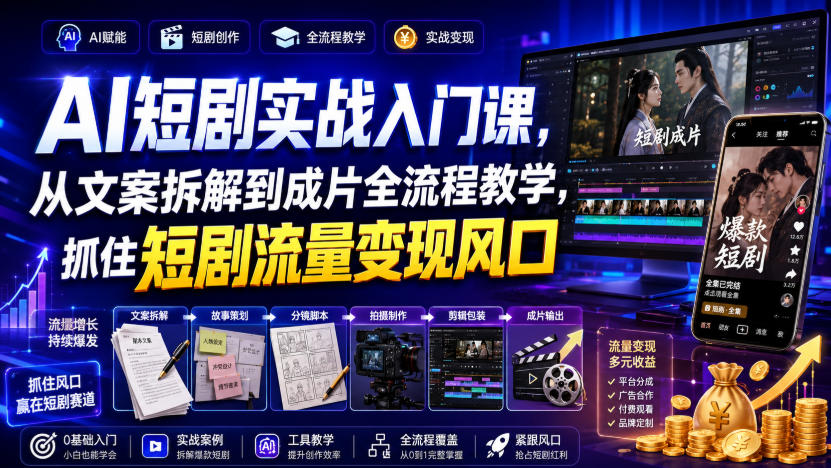 AI短剧实战入门课，从文案拆解到成片全流程教学，抓住短剧流量变现风口-大川资源分享站