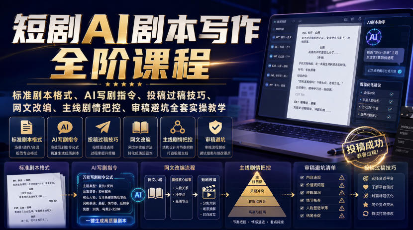 短剧AI剧本写作全阶课程｜标准剧本格式、AI写剧指令、投稿过稿技巧、网文改编、主线剧情把控、审稿避坑全套实操教学-大川资源分享站