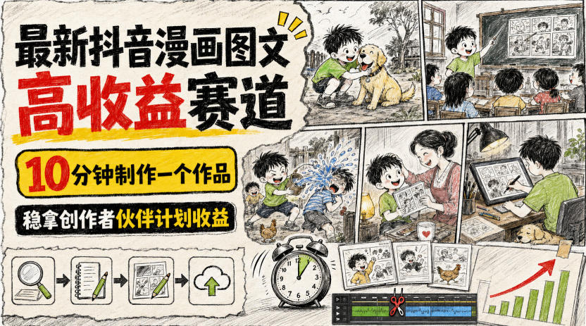 最新抖音漫画图文高收益赛道，10分钟制作一个作品，稳拿创作者伙伴计划收益-大川资源分享站