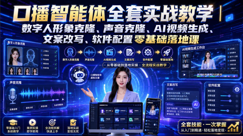 口播智能体全套实战教学｜数字人形象克隆、声音克隆、AI视频生成、文案改写、软件配置零基础落地课-大川资源分享站
