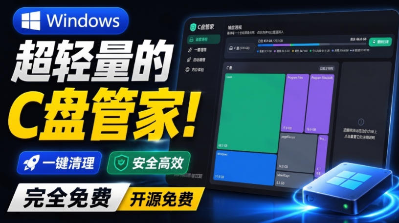 Windows超轻量的C盘管家！超级有特点，支持磁盘分析及清理提醒，2M大小体积，完全免费C盘管家-大川资源分享站