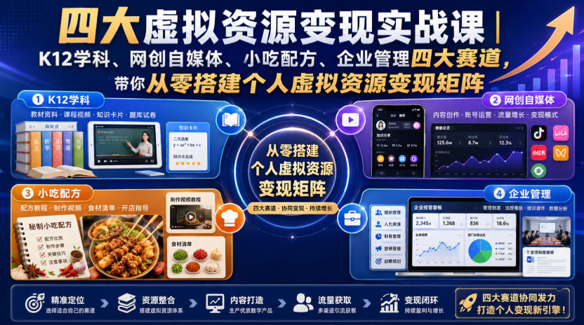 四大虚拟资源变现实战课｜K12学科、网创自媒体、小吃配方、企业管理四大赛道，带你从零搭建个人虚拟资源变现矩阵-大川资源分享站