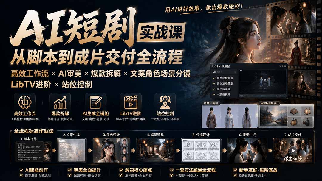 AI短剧实战课：高效工作流×AI审美×爆款拆解×文案角色场景分镜×LibTV进阶×站位控制×从脚本到成片交付全流程-大川资源分享站