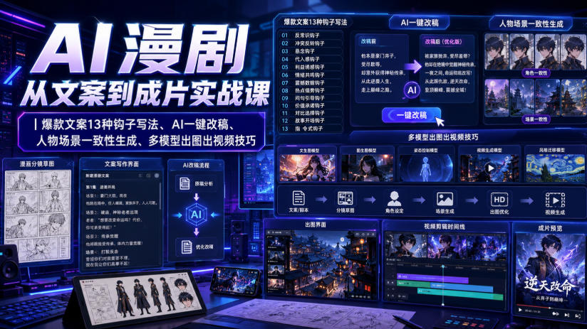 AI漫剧从文案到成片实战课｜爆款文案13种钩子写法、AI一键改稿、人物场景一致性生成、多模型出图出视频技巧-大川资源分享站