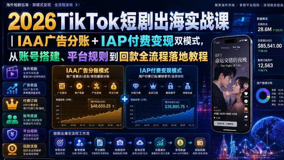 2026TikTok短剧出海实战课｜IAA广告分账+IAP付费变现双模式，从账号搭建、平台规则到回款全流程落地教程-大川资源分享站