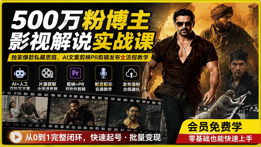 500万粉博主影视解说实战课｜独家爆款私藏思路，AI文案剪映PR剪辑发布全流程教学-大川资源分享站