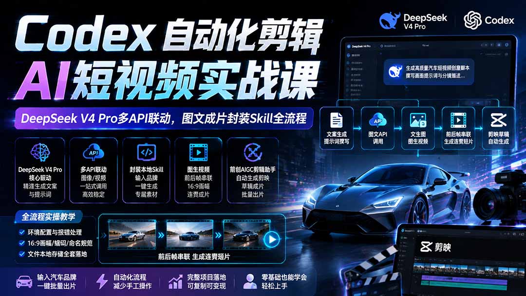 Codex自动化剪辑AI短视频实战课｜DeepSeek V4 Pro多API联动，图文成片封装Skill全流程-大川资源分享站