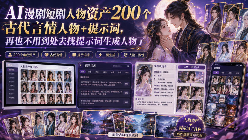 AI漫剧短剧人物资产200个古代言情人物+提示词，再也不用到处去找提示词生成人物了-大川资源分享站