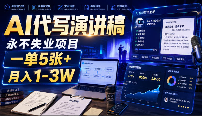 AI代写演讲稿，永不失业项目，一单5张+，月入1-3W【揭秘】-大川资源分享站