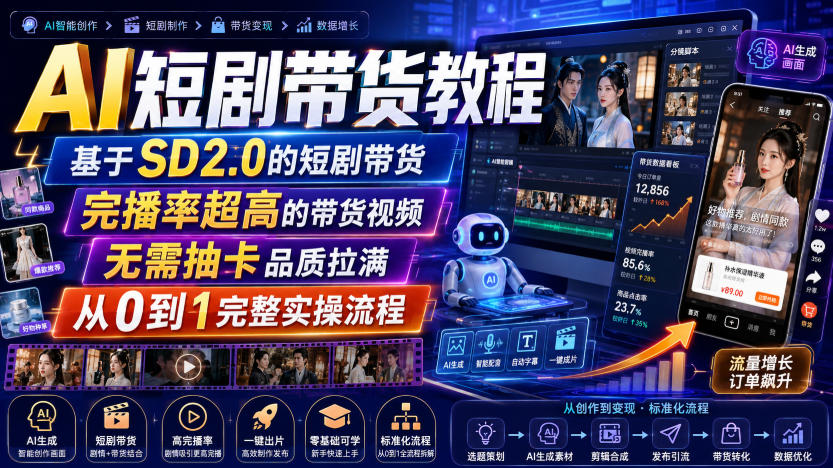 AI短剧带货教程，基于SD2.0的短剧带货，完播率超高的带货视频，无需抽卡品质拉满，从0到1完整实操流程-大川资源分享站