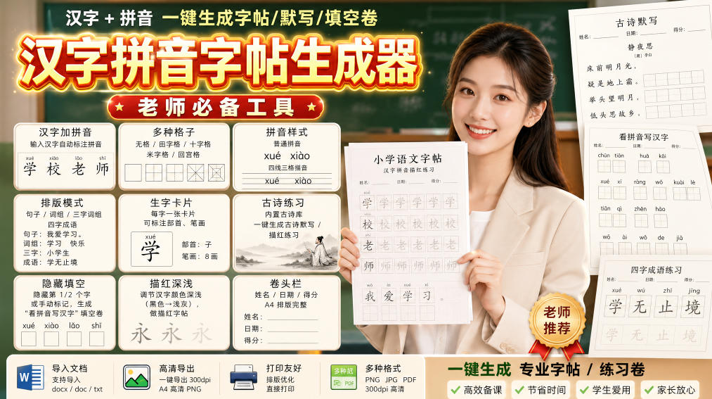 学习神器，汉字拼音字帖生成器，汉字+拼音 一键生成字帖/默写/填空卷，支持词组、成语，老师、家长必备-大川资源分享站