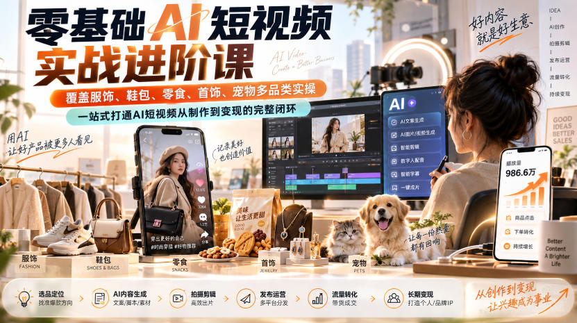 零基础AI短视频实战进阶课，覆盖服饰、鞋包、零食、首饰、宠物多品类实操，一站式打通AI短视频从制作到变现的完整闭环-大川资源分享站