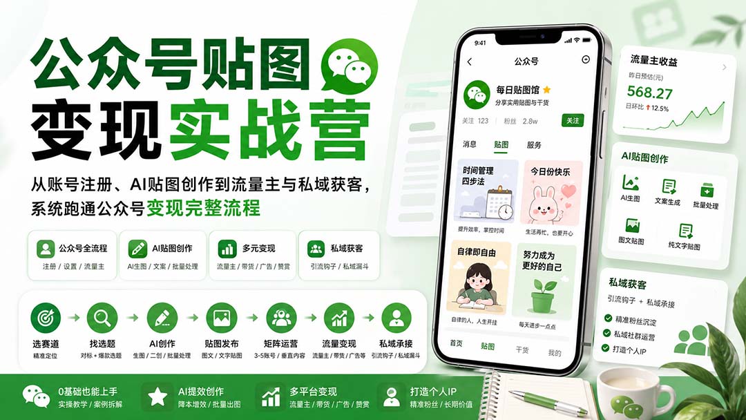 公众号贴图变现实战营：从账号注册、AI贴图创作到流量主与私域获客，系统跑通公众号变现完整流程-大川资源分享站