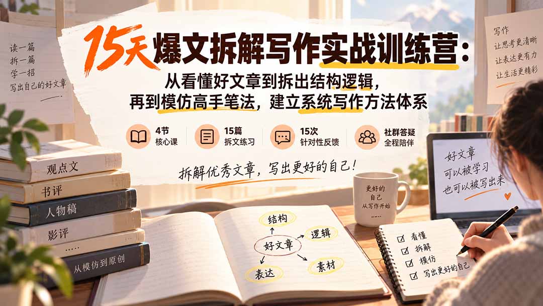 15天爆文拆解写作实战训练营：从看懂好文章到拆出结构逻辑，再到模仿高手笔法，建立系统写作方法体系-大川资源分享站