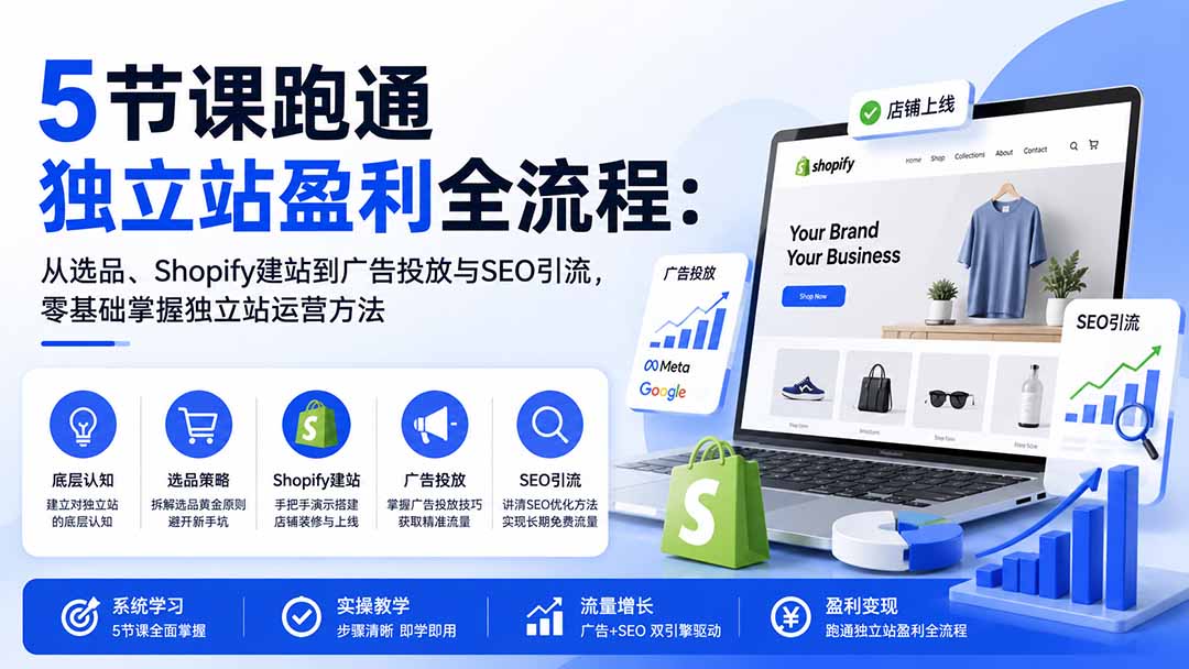 5节课跑通独立站盈利全流程：从选品、Shopify建站到广告投放与SEO引流，零基础掌握独立站运营方法-大川资源分享站