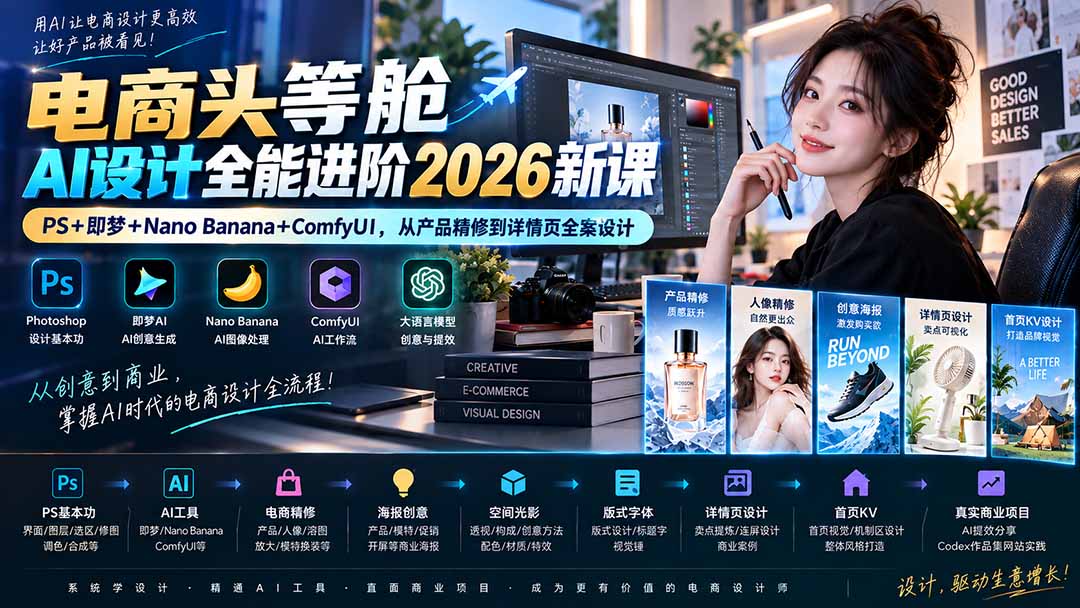 图片[1]-电商头等舱AI设计全能进阶2026新课：PS+即梦+Nano Banana+ComfyUI，从产品精修到详情页全案设计-大川资源分享站
